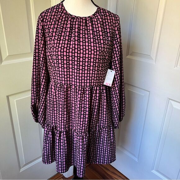 NWT LDT Black Pink Polka Dot Jewel Neck Long Balloon Sleeve Tiered Mini Dress 4 - Picture 1 of 6